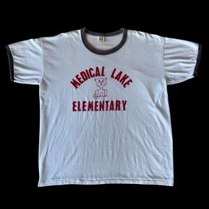 VTG 70s 80s Russell Athletic Medical Lake School Lion Ringer Shirt White Sz. XL